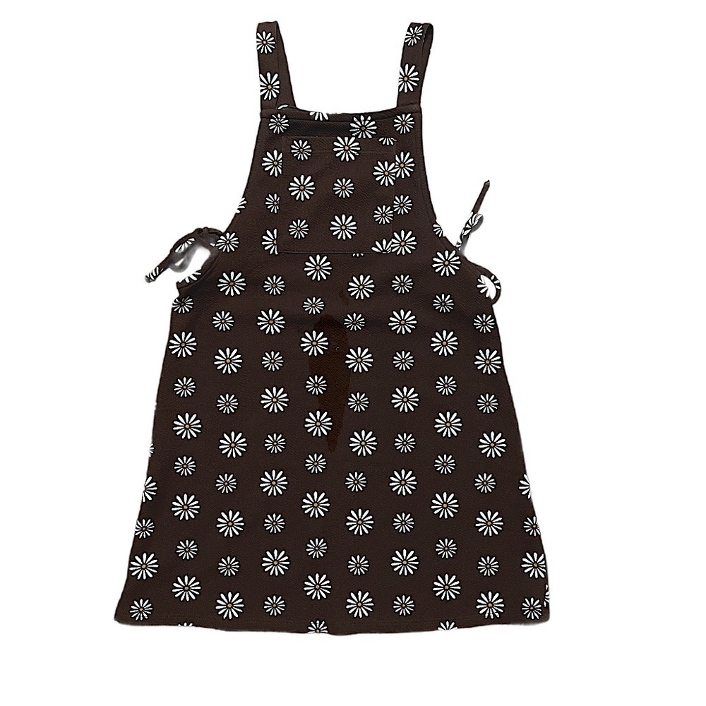 Girls brown white daisy print overall dress side ties